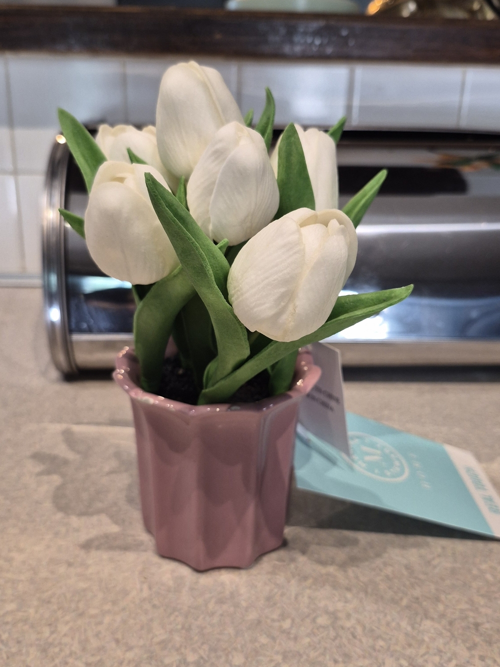 White Tulip Faux Plant in Pink Ceramic Pot - Home Accents